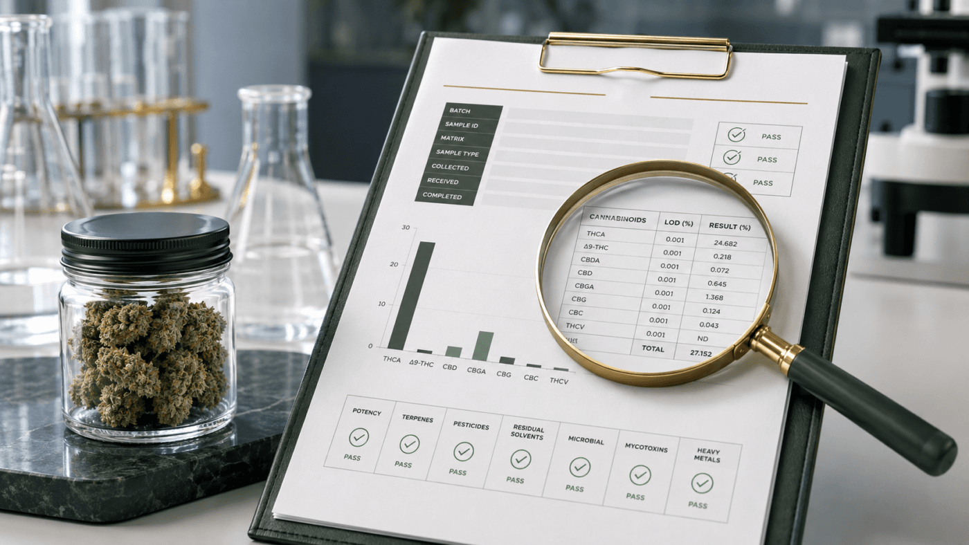 Cannabis COA guide showing batch details, cannabinoid results and laboratory testing panels