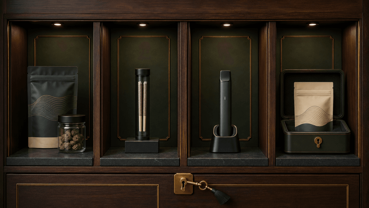 THCA flower, prerolls, vape and edibles organized inside a secure storage cabinet