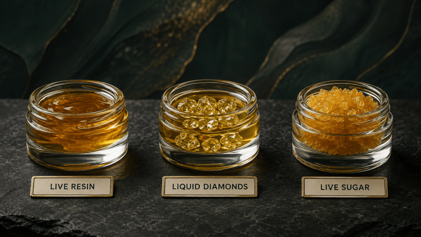 Live resin vs liquid diamonds vs live sugar comparison showing three cannabis extract product styles