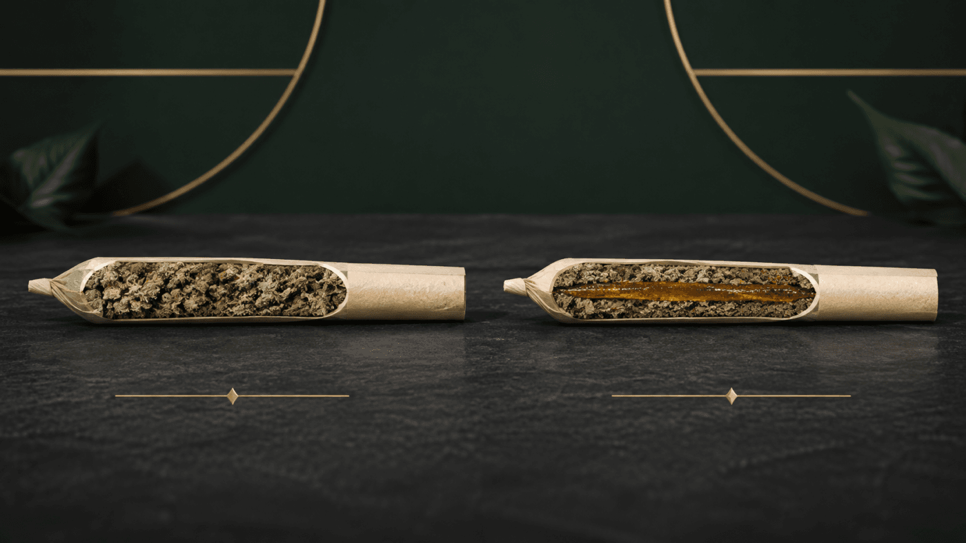 Regular vs infused THCA prerolls showing flower-only and concentrate-core constructions