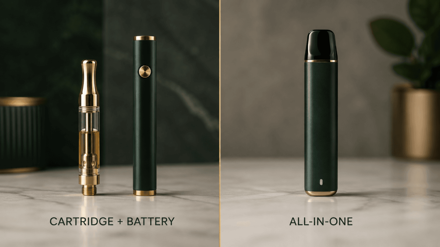 Vape cartridge vs disposable vape comparison showing a separate battery and all-in-one hardware
